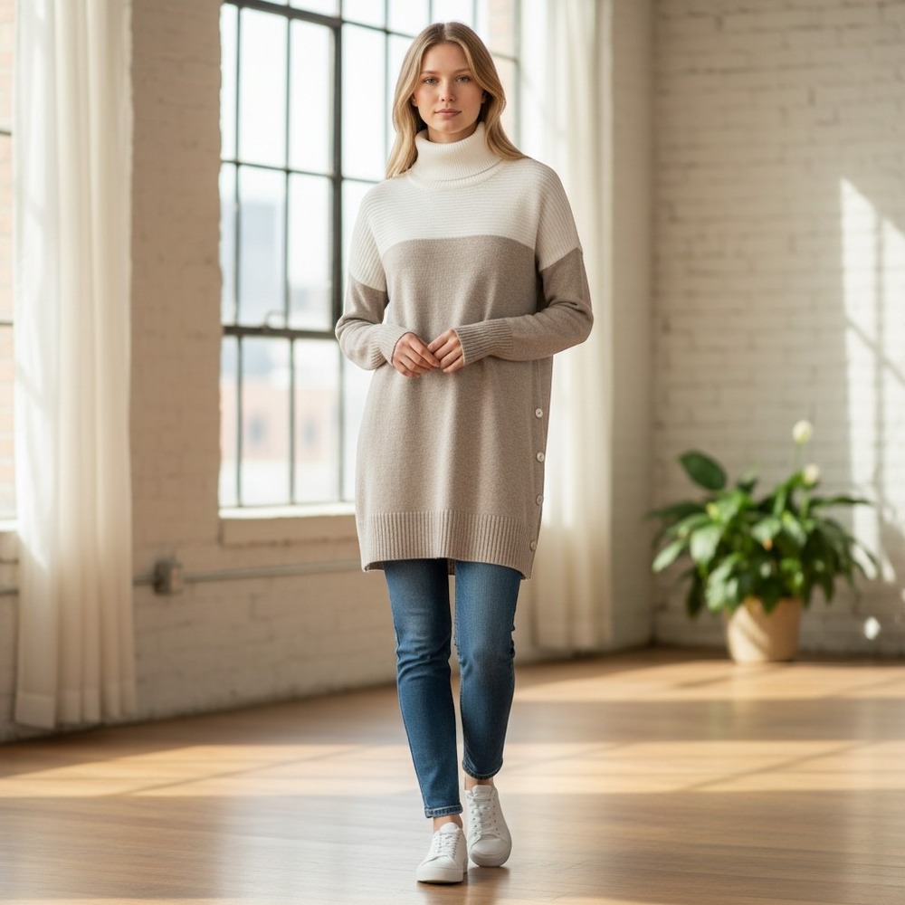 Tahari Womens XS Colorblock Turtleneck Tunic Sweater Side Button Taupe Cream NWT